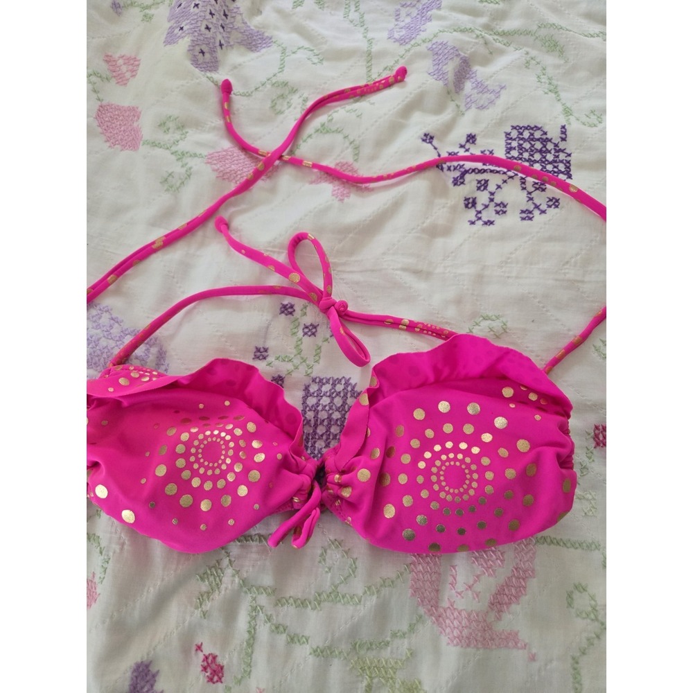 Roxy Y2K Bikini Top Womens Medium Pink Gold Print Halter Swim Tie Padded